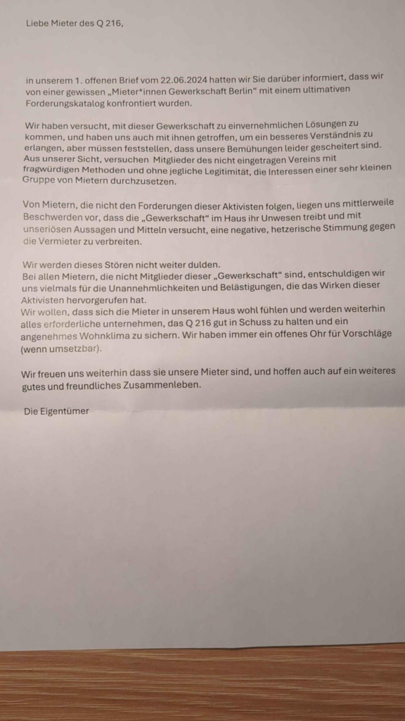 Brief der Eigentümer des Q216 um Unruhe zu stiften.